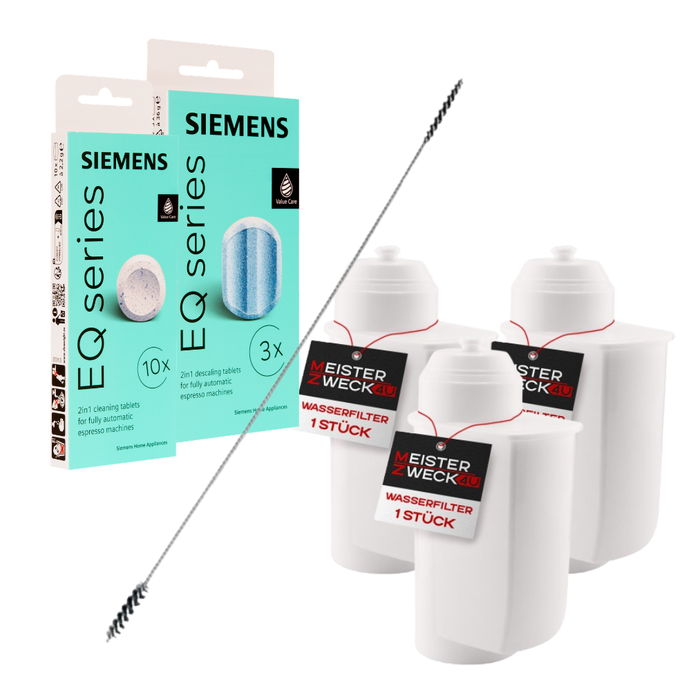MEISTERZWECK4U Pflegeset für Kaffeevollautomaten – 3 Wasserfilter, Original SIEMENS Reiniger & Entkalker + Bürste