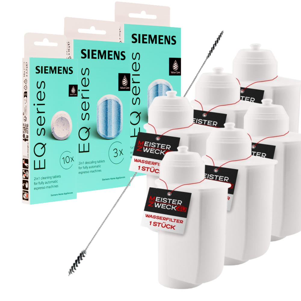 MEISTERZWECK4U Pflegeset für Kaffeevollautomaten – 6 Wasserfilter, Original SIEMENS Reiniger & 2x Entkalker + Bürste