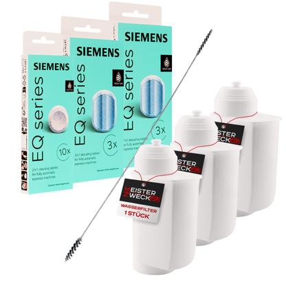 MEISTERZWECK4U Pflegeset für Kaffeevollautomaten – 3 Wasserfilter, Original SIEMENS Reiniger & 2x Entkalker + Bürste
