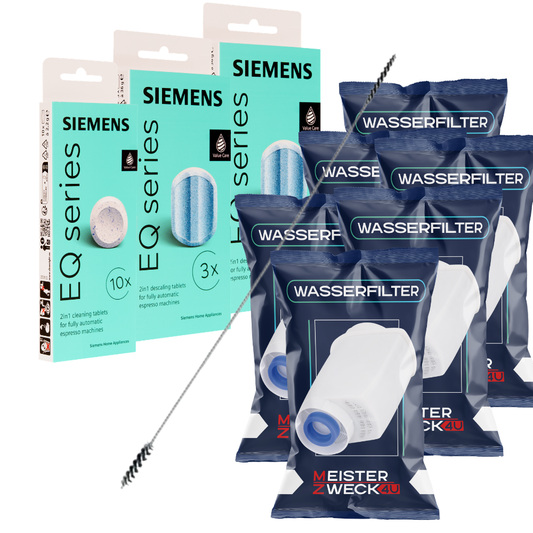 MEISTERZWECK4U Pflegeset für Kaffeevollautomaten – 6 Wasserfilter, Original SIEMENS Reiniger & 2x Entkalker + Bürste