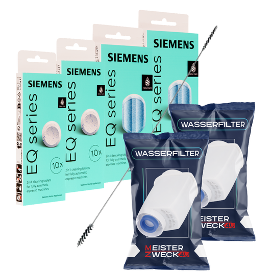 MEISTERZWECK4U Pflegeset für Kaffeevollautomaten – 2 Wasserfilter, 2x Original SIEMENS Reiniger & 2x Entkalker + Bürste