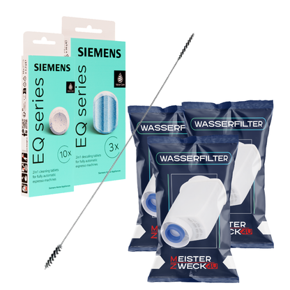 MEISTERZWECK4U Pflegeset für Kaffeevollautomaten – 3 Wasserfilter, Original SIEMENS Reiniger & Entkalker + Bürste