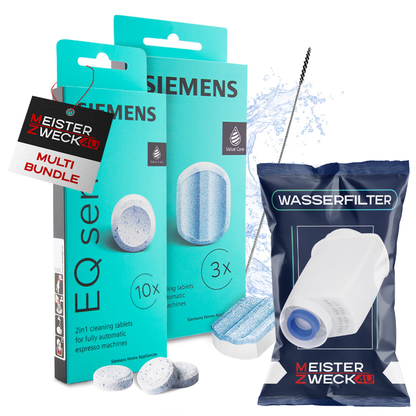 MEISTERZWECK4U Pflegeset für Kaffeevollautomaten – 1 Wasserfilter, Original SIEMENS Reiniger & Entkalker + Bürste