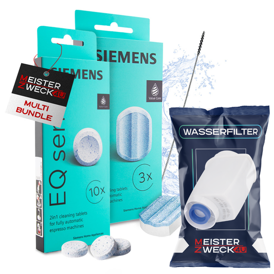 MEISTERZWECK4U Pflegeset für Kaffeevollautomaten – 1 Wasserfilter, Original SIEMENS Reiniger & Entkalker + Bürste