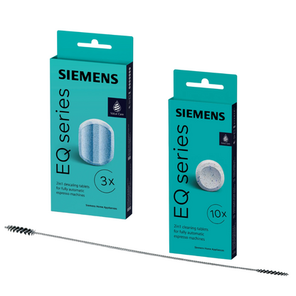 SIEMENS Pflege-Set TZ80001A + TZ80002A für EQ – 10 Reinigungstabletten, 3 Entkalkungstabletten & Bürste