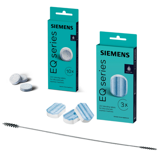 SIEMENS Pflege-Set TZ80001A + TZ80002A für EQ – 10 Reinigungstabletten, 3 Entkalkungstabletten & Bürste