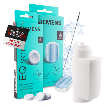 MEISTERZWECK4U Pflegeset für Kaffeevollautomaten – 1 Wasserfilter, Original SIEMENS Reiniger & Entkalker + Bürste
