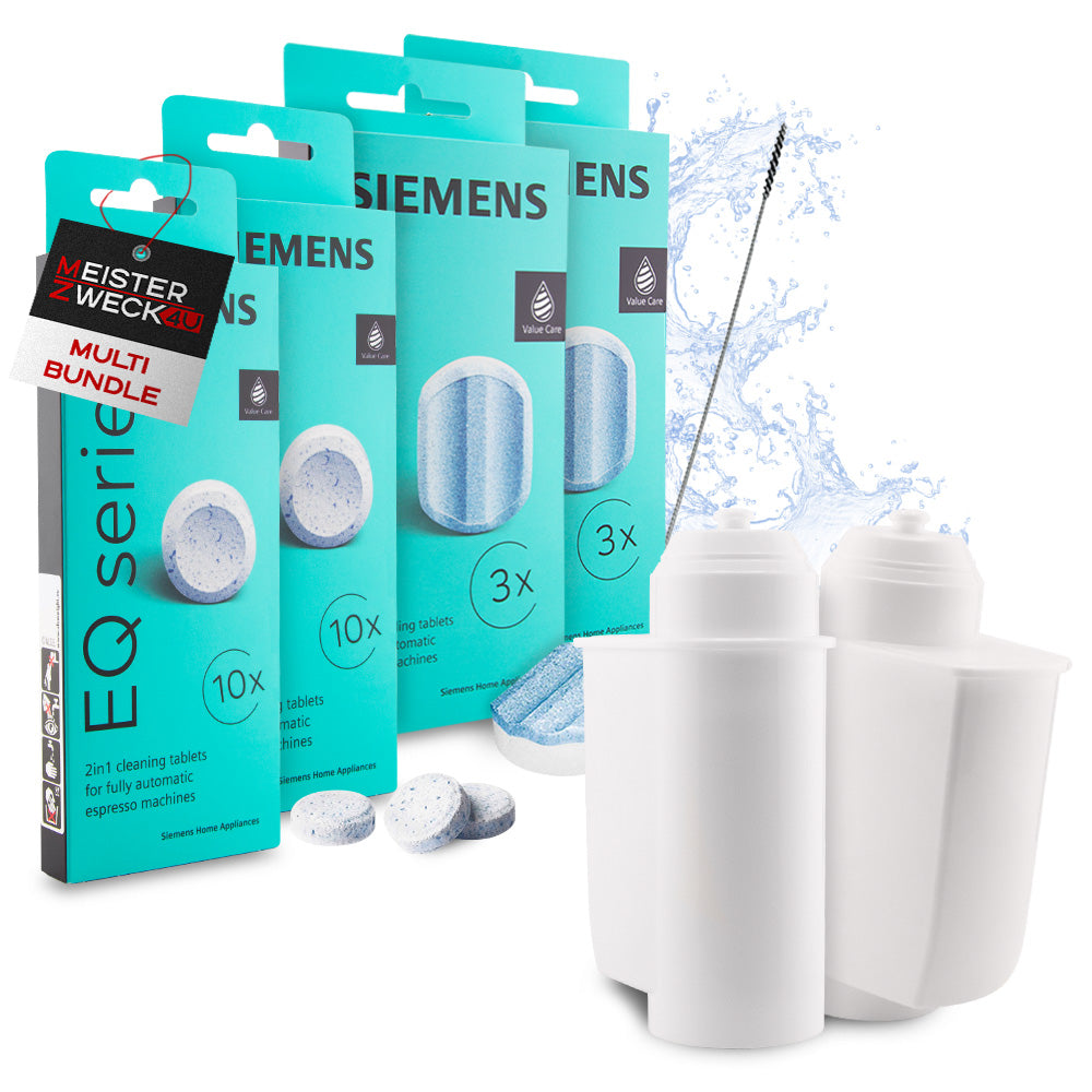 MEISTERZWECK4U Pflegeset für Kaffeevollautomaten – 2 Wasserfilter, 2x Original SIEMENS Reiniger & 2x Entkalker + Bürste