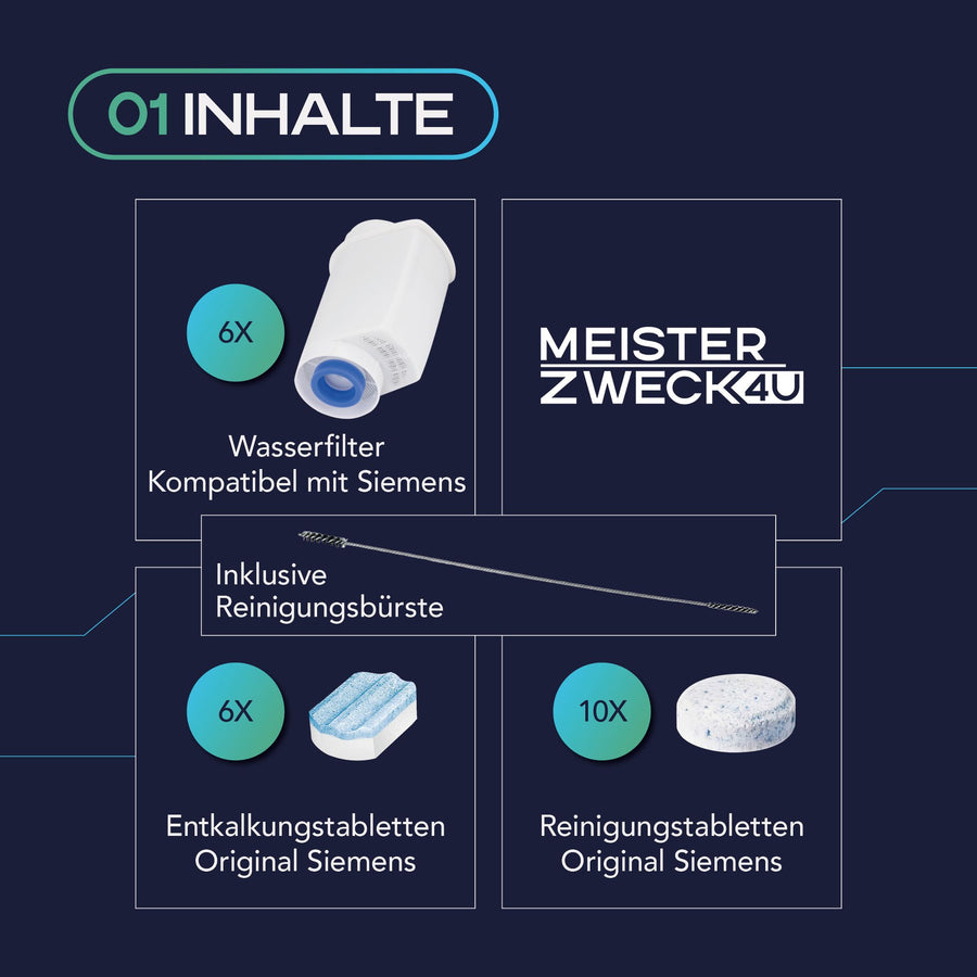 MEISTERZWECK4U Pflegeset für Kaffeevollautomaten – 6 Wasserfilter, Original SIEMENS Reiniger & 2x Entkalker + Bürste