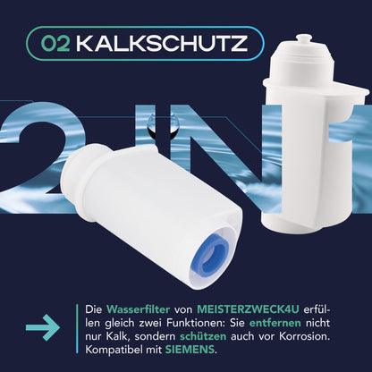 MEISTERZWECK4U Pflegeset für Kaffeevollautomaten – 2 Wasserfilter, Original SIEMENS Reiniger & Entkalker + Bürste