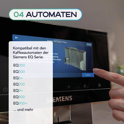 MEISTERZWECK4U Pflegeset für Kaffeevollautomaten – 3 Wasserfilter, Original SIEMENS Reiniger & Entkalker + Bürste
