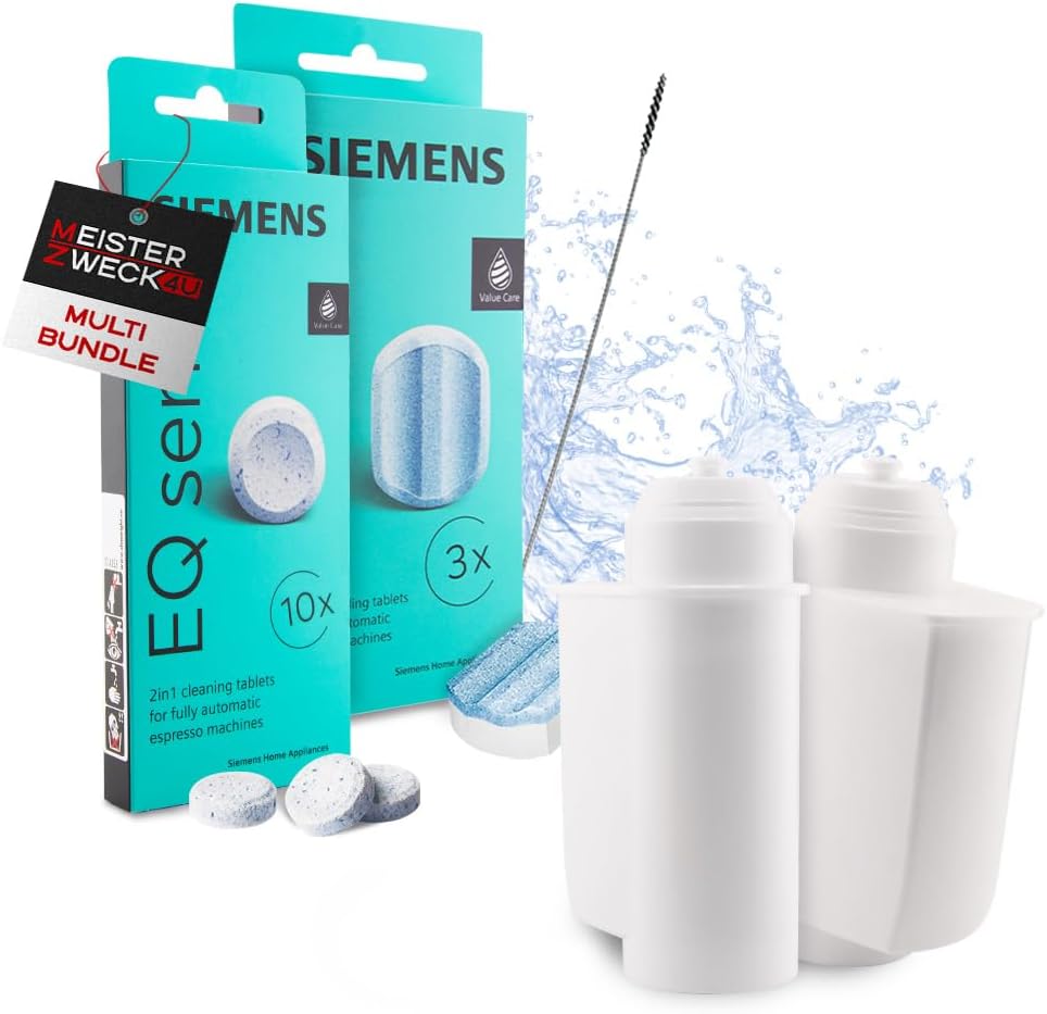 MEISTERZWECK4U Pflegeset für Kaffeevollautomaten – 2 Wasserfilter, Original SIEMENS Reiniger & Entkalker + Bürste